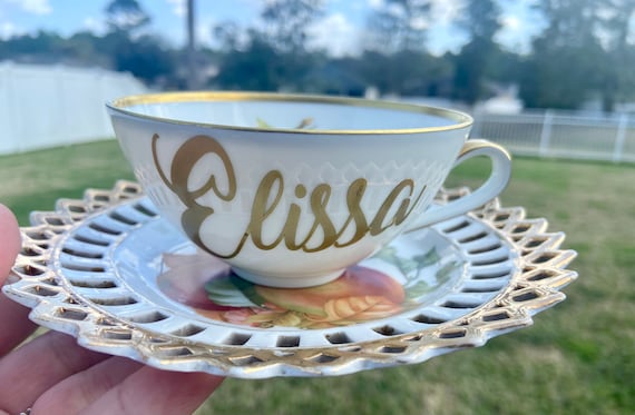 Vintage Gold and White Fruit Tea Cup and Saucer Sets.  Personalized with name.