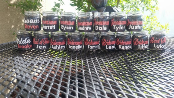 Mini Mason Jar Shot Glasses - Set of 10 - CHOOSE COLORS  or colors of event Wedding Favors - Bachelorette Party - Each Glass Personalized