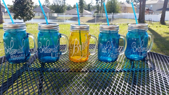 Personalized Wedding Sippy Tumbler - Glass with Handle - Choose your Color and Lettering -  Bachelorette - Weddings Welcome