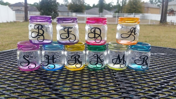 Personalized Mini Mason Jar Shot Glasses - Set of TEN - - Monogrammed - Custom Order- Wedding Favors - Bachelorette Party