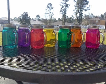 16 oz  MASON JAR Glasses - Glass with Handle - Choose your Color -  Bachelorette Glasses- Baby Showers - Wedding Glasses