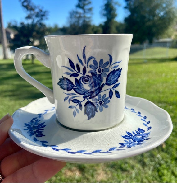 Four Dresden Blue Tea Cups with saucers . - Set of Four in listing. - English Teacups