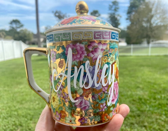 Personalized Japan Tea Cup Set with Tea With lid - great gift - floral tea cup