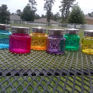 Mason Jar Shot Glasses - Set of Six - Green -Purple -Orange -Yellow -Sapphire Blue - Pink - Wedding Favors - Bachelorette Party