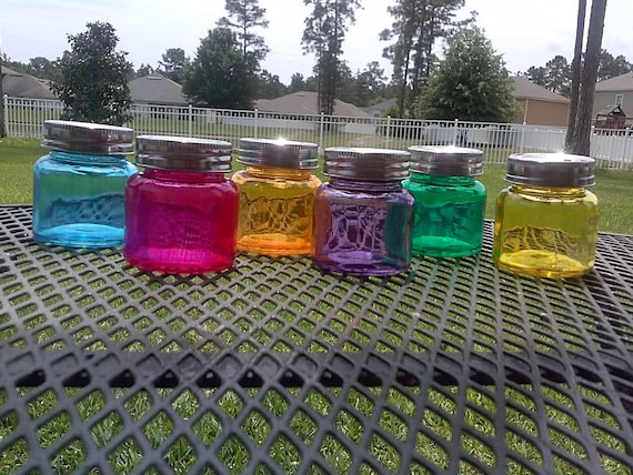 Mason Jar Shot Glasses - Set of Six - Green -Purple -Orange -Yellow -Sapphire Blue - Pink - Wedding Favors - Bachelorette Party