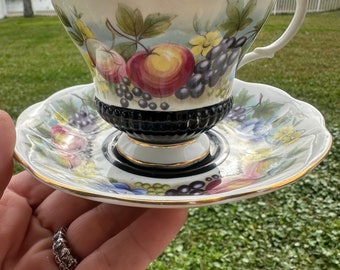 Royal Albert Fayre Footed Teacup and Saucer Set - Fruit and Flowers