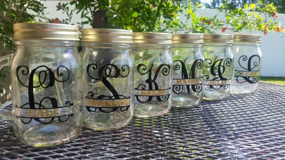 16 oz  Personalized  MASON JAR Glasses- Glass with Handle   Bachelorette Party- Personalized Gifts  - Wedding Glass - Gold and Black