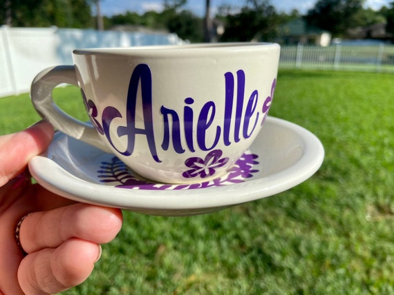 Personalized Tea Cup and Saucer Set - Floral and leave design - choose your lettering and colors.