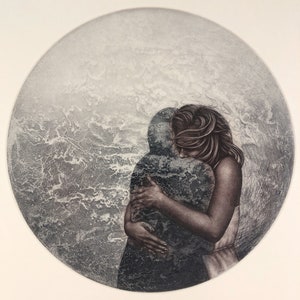 May include: A grayscale artwork depicting a tender embrace within a circular frame. A woman with flowing hair and a light-colored dress is embracing a figure with a textured, dark surface. The background features a cloudy, textured design.