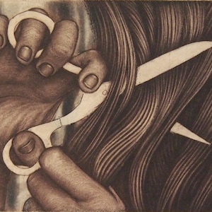 May include: Sepia-toned illustration of a hand holding scissors cutting hair. The scissors are open, with a blade cutting through a section of wavy hair. The image has a vintage, artistic feel.
