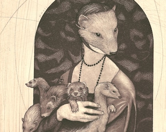 Lady Musteline - original etching of a masked young woman with ferrets by Carrie Lingscheit