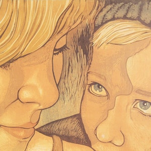 Sisters - original reductive woodcut print by Carrie Lingscheit