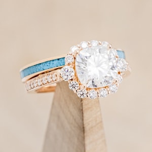 The "Ophelia" - Cushion Cut Moissanite Engagement Ring with Turquoise Stacking Band - Staghead Designs