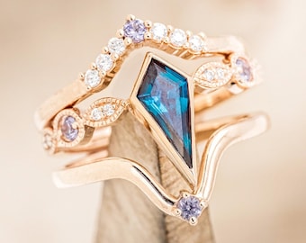 The "Bianca" - Bridal Suite - Kite Cut Lab-Created Alexandrite Engagement Ring Set with Alexandrite & Diamond Accents - Staghead Designs