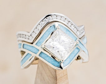 The "Helix" - Princess Cut Moissanite Engagement Ring with Turquoise Inlays & Diamond Tracer - Staghead Designs