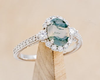 The "Ophelia" - Oval Moss Agate Engagement Ring With Diamond Halo & Accents - Staghead Designs