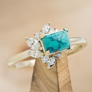 The "Aurae" - Emerald Cut Turquoise Engagement Ring with Diamond Accents - Staghead Designs