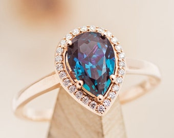 The "Clariss" - Pear-Shaped Lab-Created Alexandrite Engagement Ring With Diamond Halo - Staghead Designs