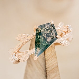 The "Artemis on the Vine" - Diagonal Kite Cut Moss-Agate Engagement Ring with Diamond Accents & a Branch-Style Band - Staghead Designs