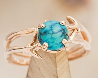 The "Artemis" - Round Cut Turquoise Engagement Ring with an Antler Style Stacking Band - Staghead Designs