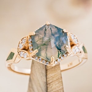 The "Lucy in the Sky" - Hexagon Moss Agate Engagement Ring with Diamond Accents & Moss Inlays - Staghead Designs