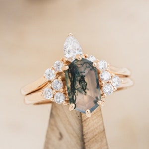 The "Octavia" - Hexagon Moss Agate Engagement Ring With Diamond Accents & Tracer - Staghead Designs