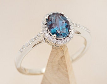 The "Diana" 14K Gold Engagement Ring with Alexandrite Stone and Diamond Halo  - Staghead Designs
