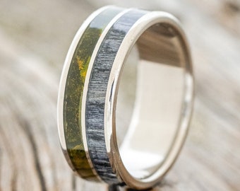 The "Dyad" - Mossy Patina Copper & Grey Birch Wood Wedding Band - Staghead Designs