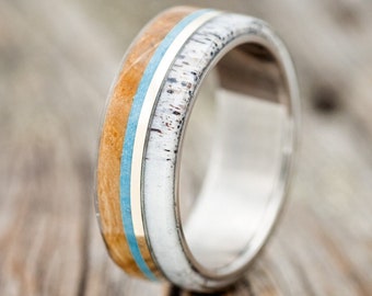 The "Argos" - Whiskey barrel Oak, Turquoise, Antler & 14K Gold Inlay Wedding Band - Staghead Designs