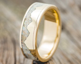 The "Helios" - Gold Mountain Range & Fire and Ice Opal Inlay Wedding Band - Staghead Designs