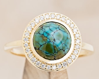 The &quot;Terra&quot; - Round Cut Turquoise Engagement Ring with Diamond Halo - Staghead Designs