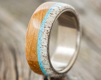 The "Argos" - Whiskey Barrel Oak, Turquoise & Antler Wedding Ring - Staghead Designs