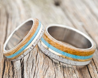 The "Argos" Matching Set with Whiskey Barrel, Antler, Turquoise & 14K Gold Inlay - Staghead Designs