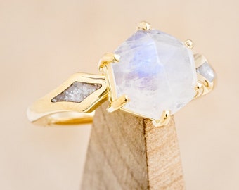 The "Love Story" - Hexagon Moonstone Engagement Ring with Diamond Dust Inlays - Staghead Designs