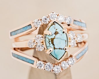 The &quot;Raya&quot; - Marquise Cut Turquoise Engagement Ring with Turquoise & Diamond Ring Guard - Staghead Designs