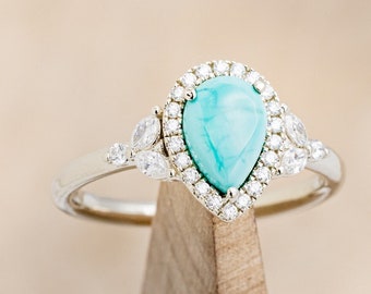 The "Dream" - Pear-Shaped Turquoise Engagement Ring with Diamond Halo & Accents - Staghead Designs