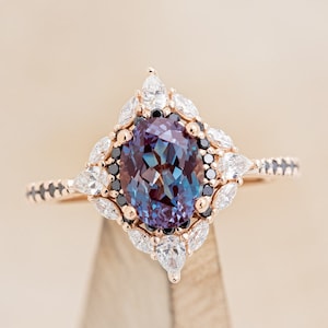 The "North Star" - Oval Lab-Created Alexandrite Engagement Ring with Diamond Halo & Black Diamond Accents - Staghead Designs