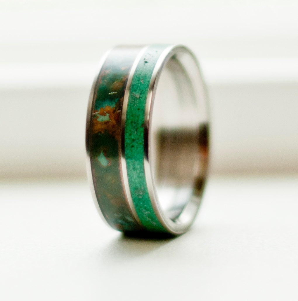 Men's Wedding Band Featuring Patina Copper & Malachite in | Etsy