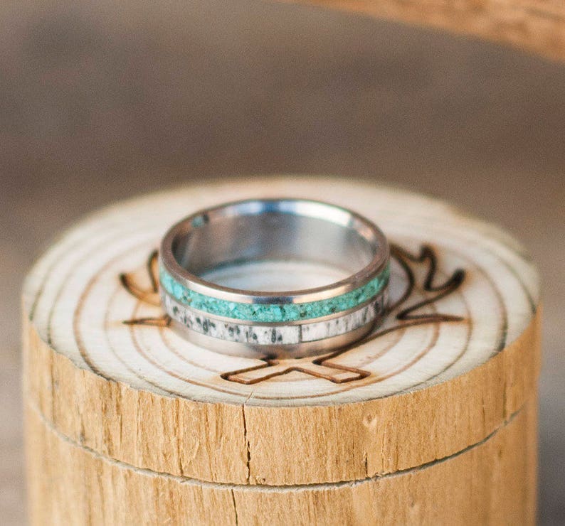 Men's Wedding Band Elk Antler & Hand Crushed Turquoise Etsy