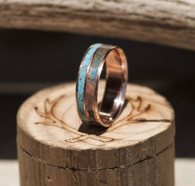 Men's Titanium Wedding Band with Patina Copper & Turquoise