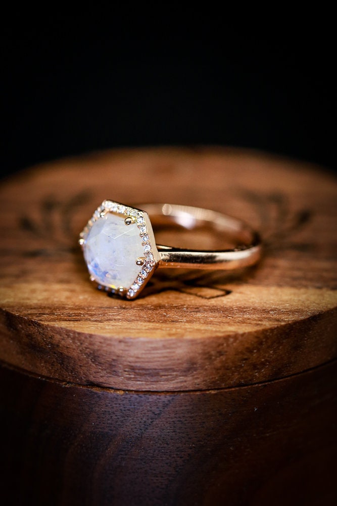 Hexagon Moonstone Engagement Ring with Diamond Halo on 14K | Etsy