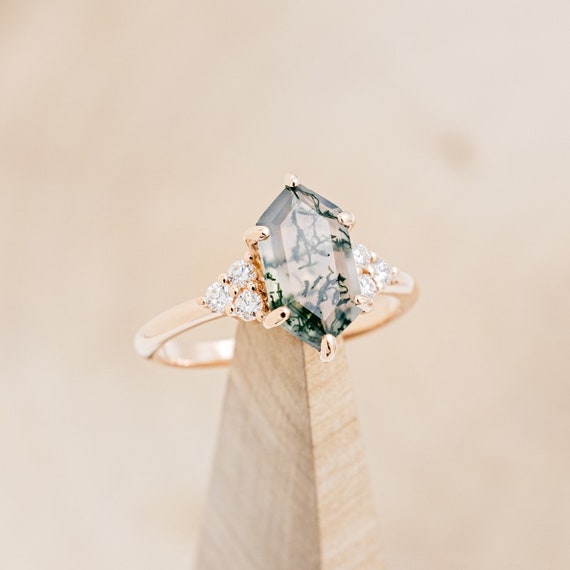 The octavia Hexagon Moss agate Engagement Ring With Diamond