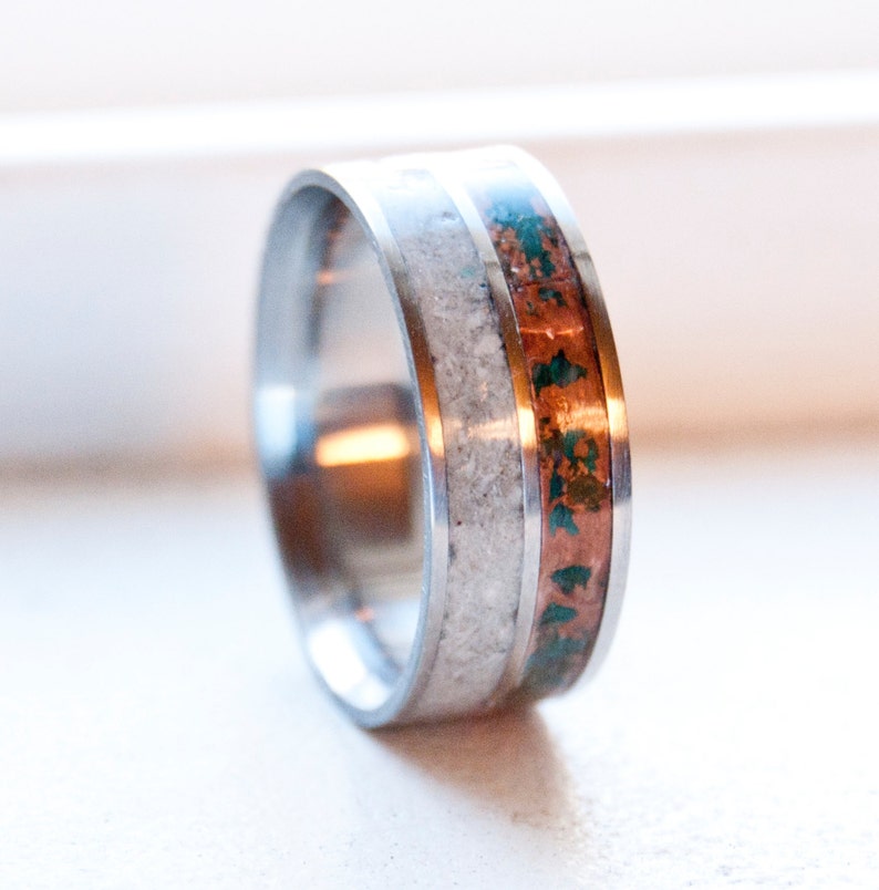 Men's Wedding Ring Patina Copper and Antler on Titanium | Etsy