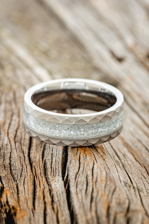 The Apollo Tungsten Men s Ring with Diamond Dust and Faceted Edges Staghead Designs