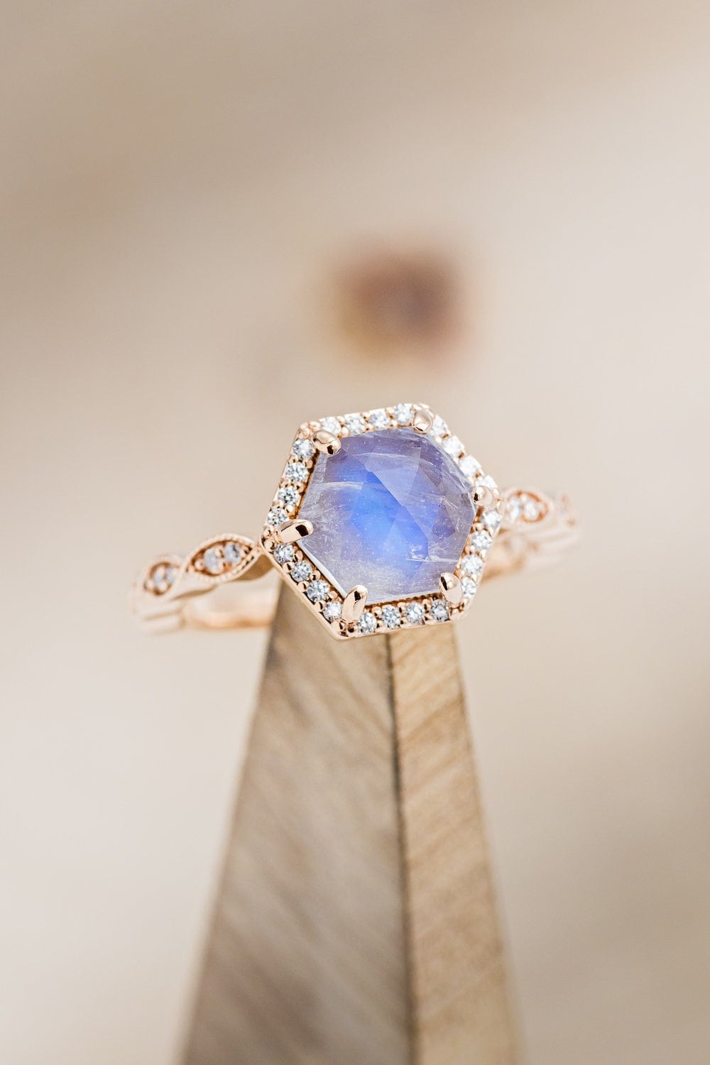 The "Sweet Caroline" - Hexagon Moonstone Engagement Ring with Diamond Halo & Accents - Staghead Designs