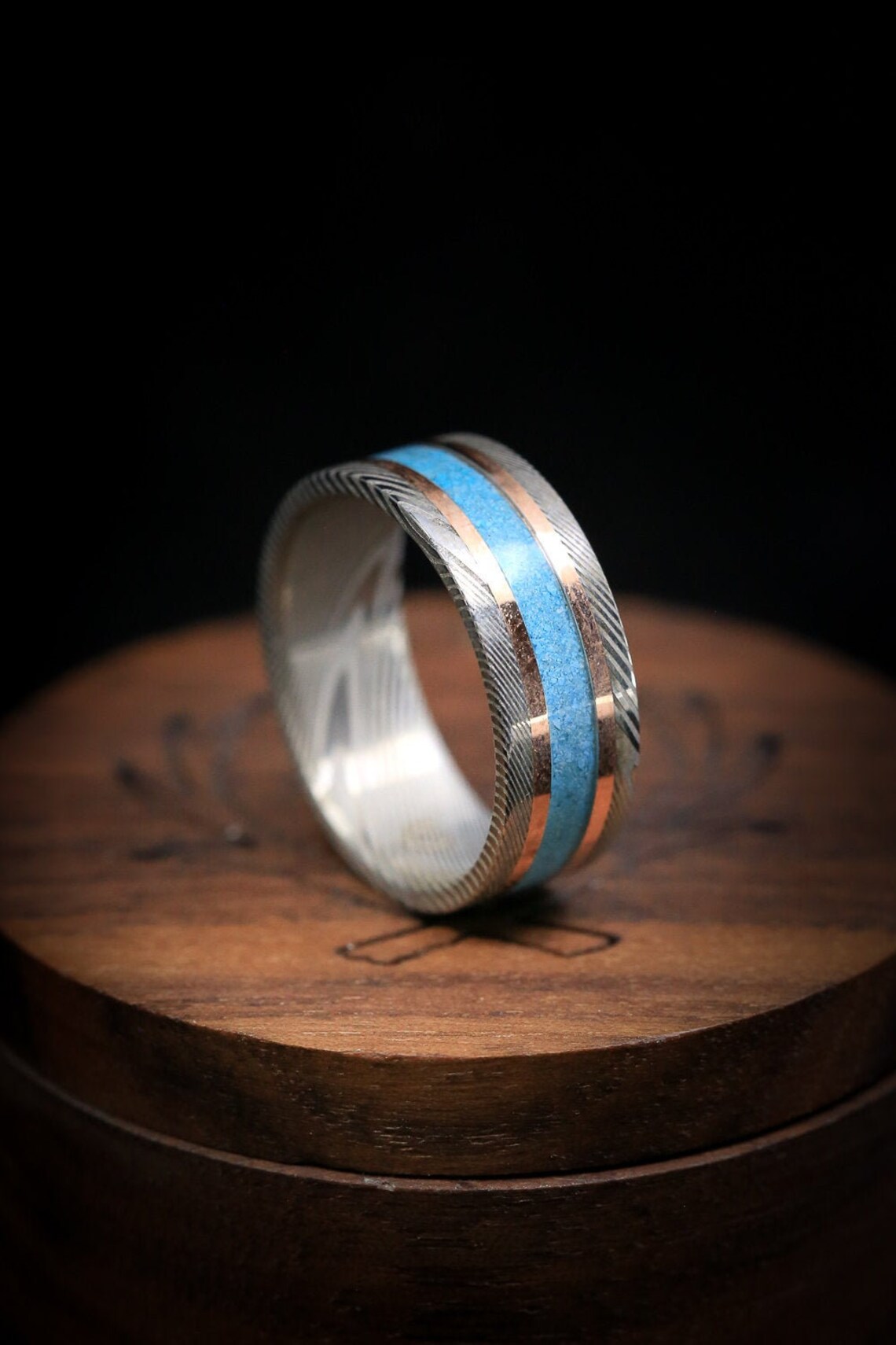 Damascus Steel Wedding Ring with 14K Gold and Turquoise Etsy