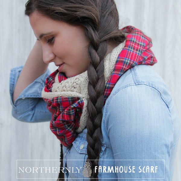 Farmhouse Scarf - Cable Knit & Plaid Infinity Scarf