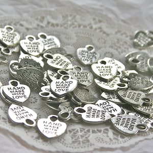 20 HEART Charms "Handmade with Love" Charms, Antique Silver