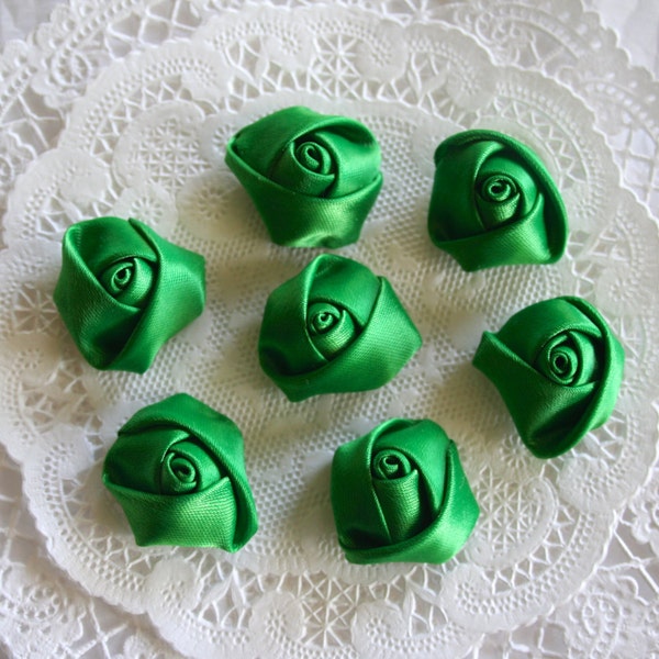 Satin Rose Rosettes, EMERALD GREEN, Rolled Roses