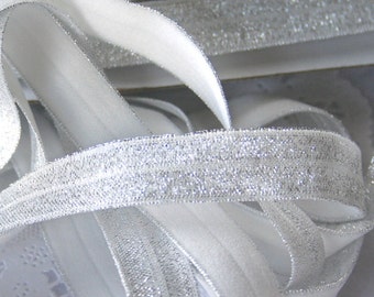 Glitter, 5/8" Fold Over Glitter Elastic, Glitter WHITE & SILVER